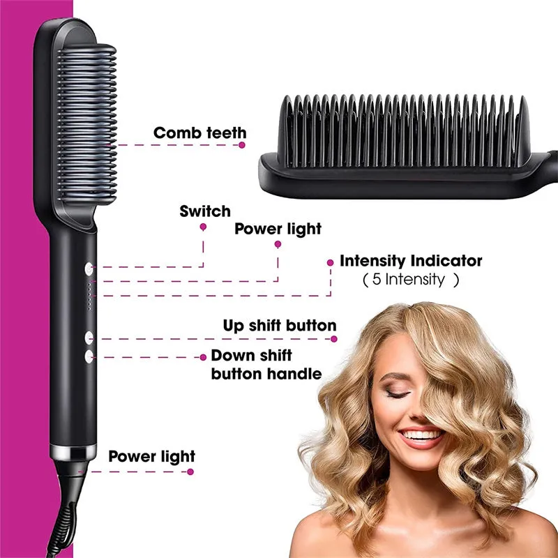 Red and black dual hair straightener and hot comb with digital display and rotating power cord.