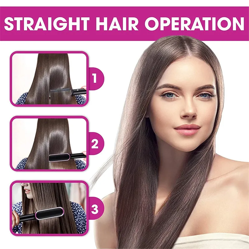 Red and black dual hair straightener and hot comb with digital display and rotating power cord.