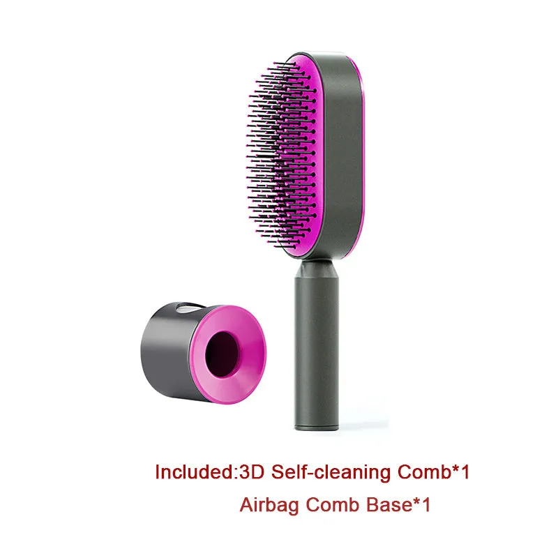 Self-cleaning hair brush with air cushion design in black gold, white, or black purple colours