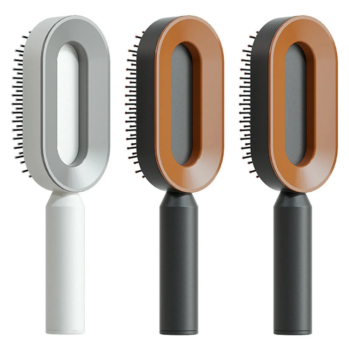 Self-cleaning hair brush with air cushion design in black gold, white, or black purple colours