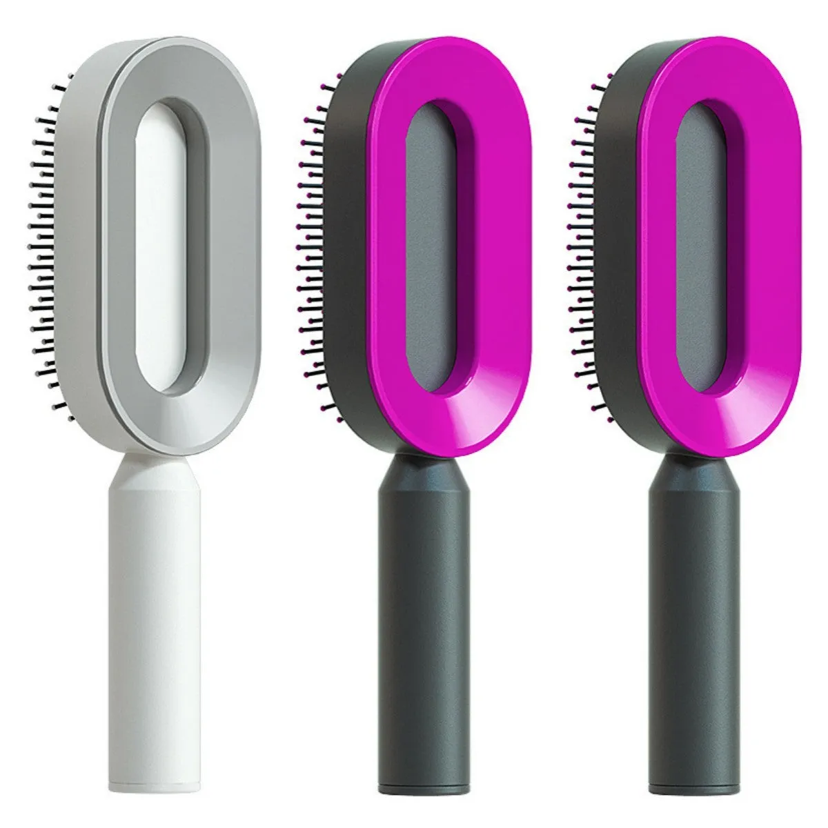 Self-cleaning hair brush with air cushion design in black gold, white, or black purple colours