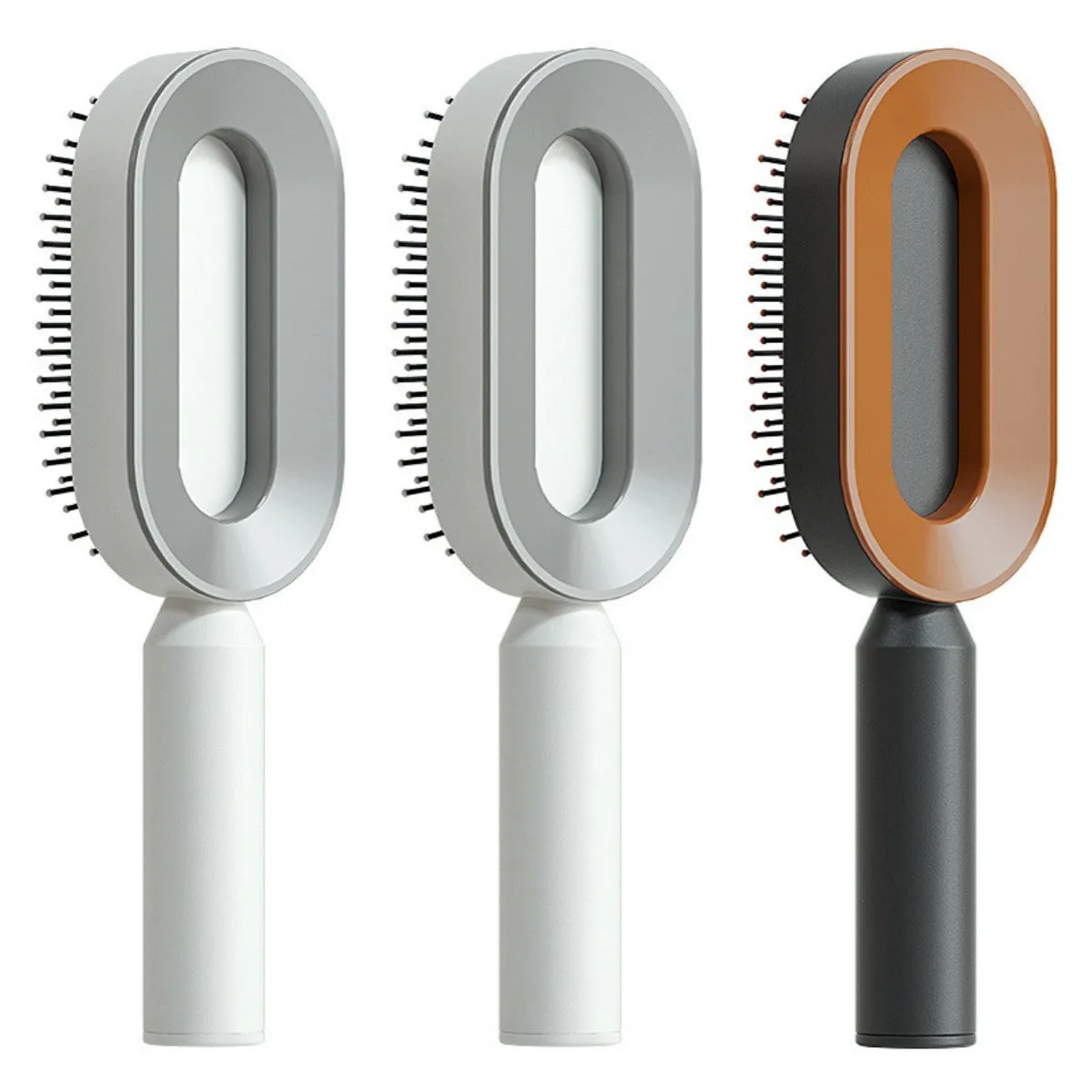 Self-cleaning hair brush with air cushion design in black gold, white, or black purple colours