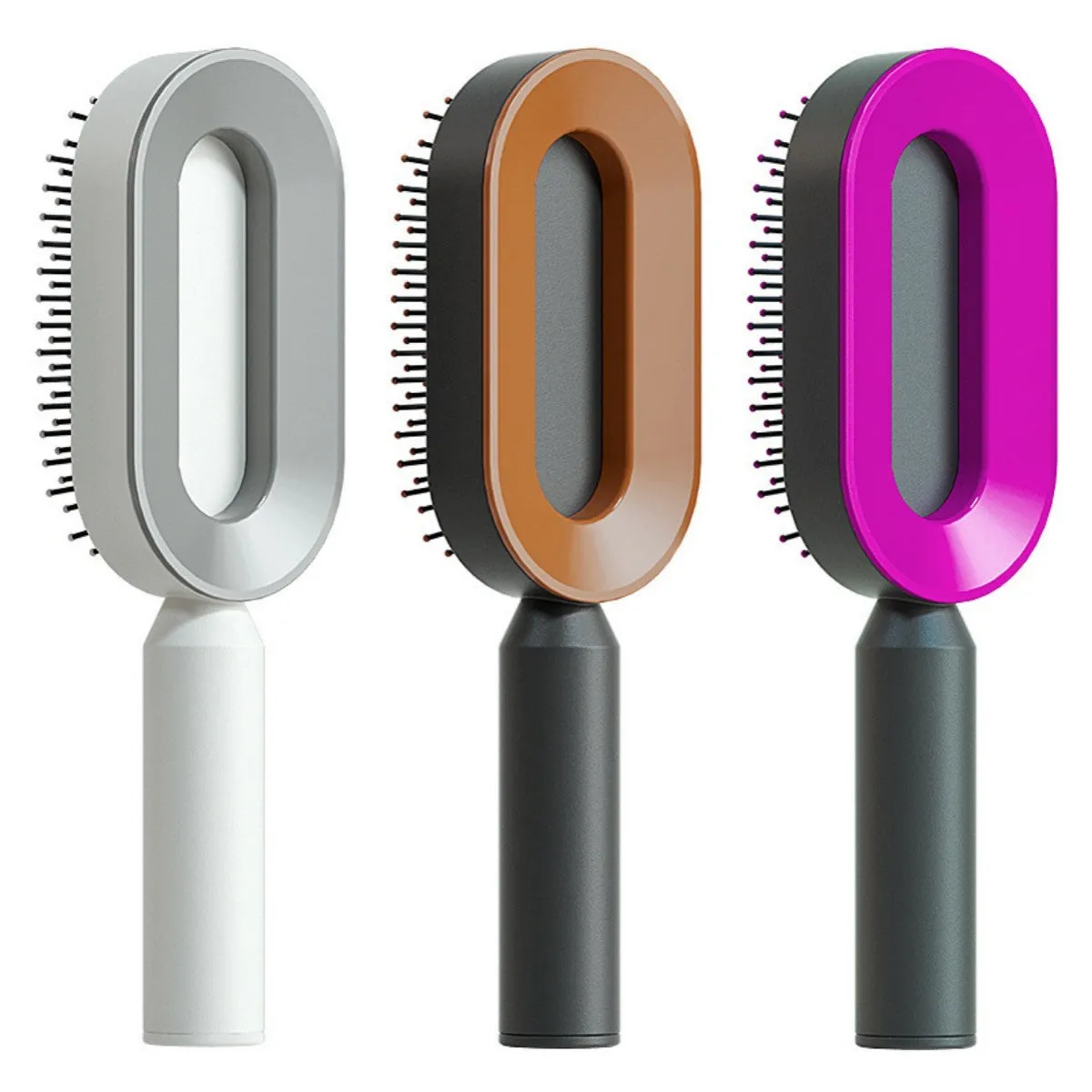 Self-cleaning hair brush with air cushion design in black gold, white, or black purple colours