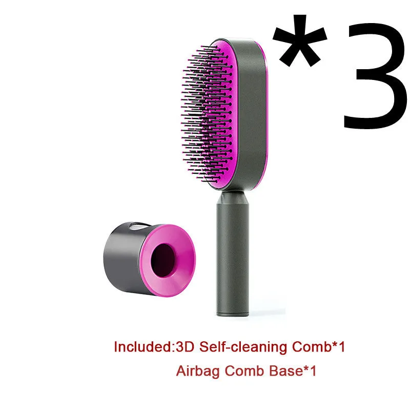 Self-cleaning hair brush with air cushion design in black gold, white, or black purple colours