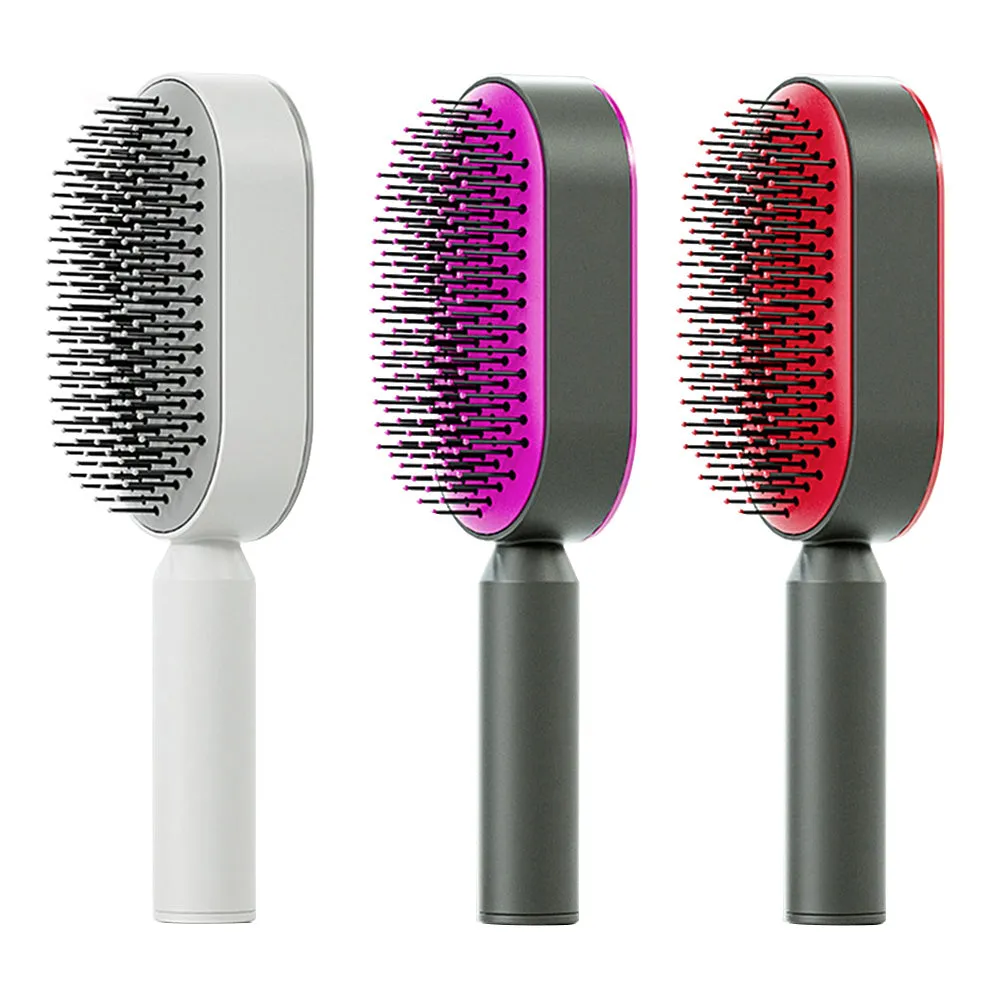 Self-cleaning hair brush with air cushion design in black gold, white, or black purple colours