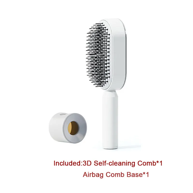 Self-cleaning hair brush with air cushion design in black gold, white, or black purple colours