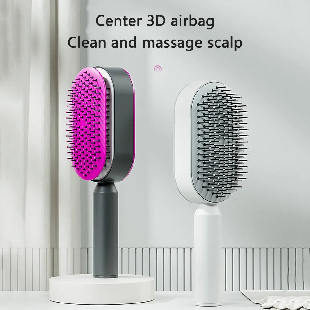 Self-cleaning hair brush with air cushion design in black gold, white, or black purple colours