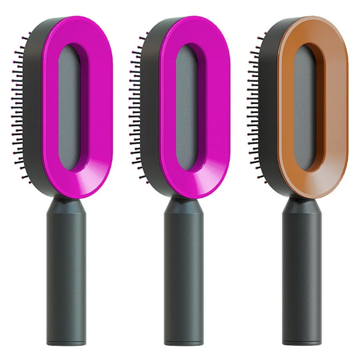 Self-cleaning hair brush with air cushion design in black gold, white, or black purple colours