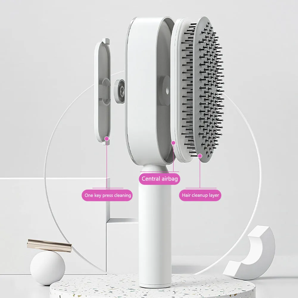 Self-cleaning hair brush with air cushion design in black gold, white, or black purple colours