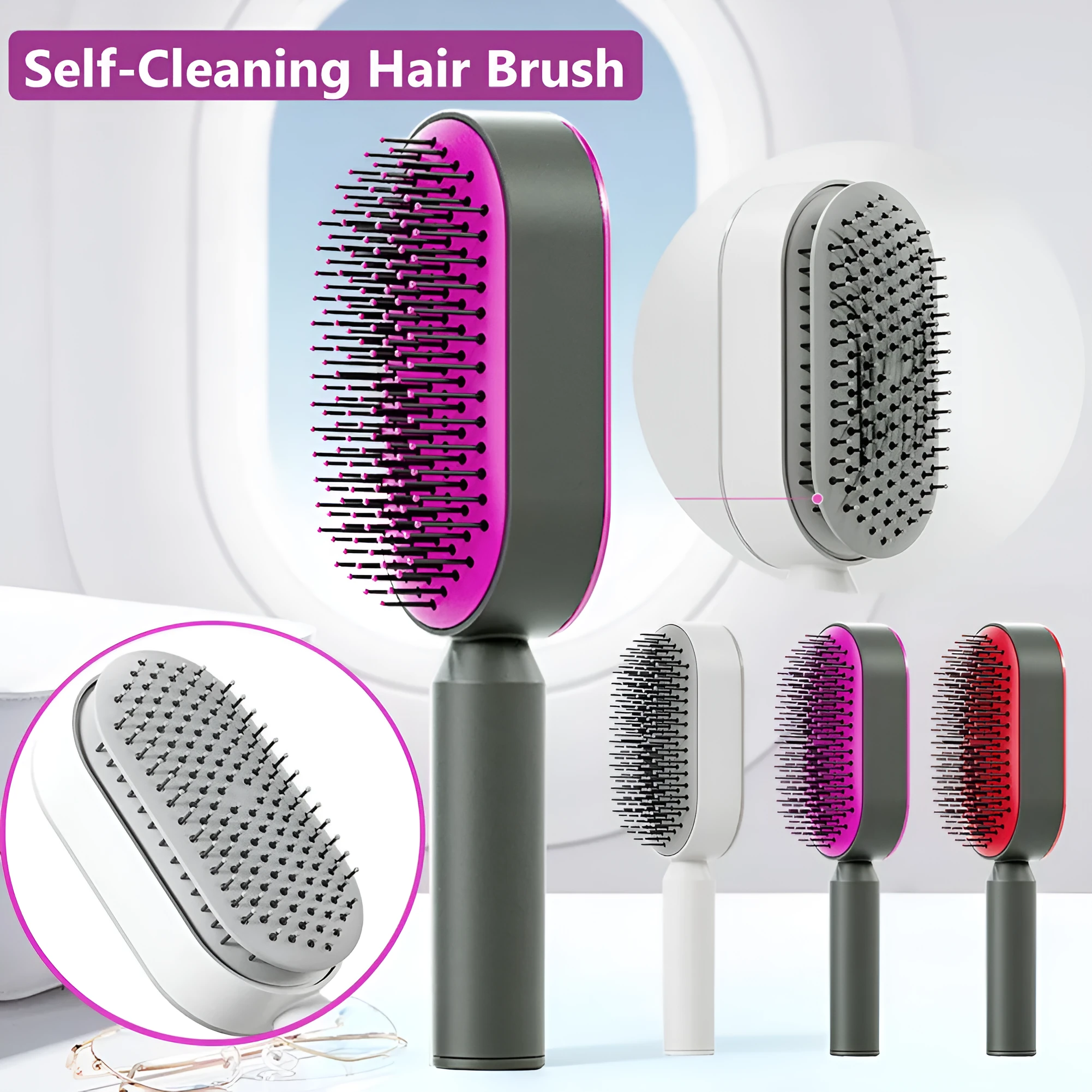 Self-cleaning hair brush with air cushion design in black gold, white, or black purple colours