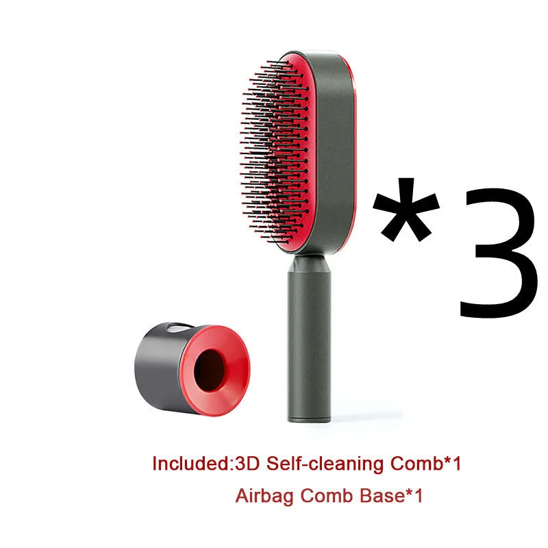 Self-cleaning hair brush with air cushion design in black gold, white, or black purple colours