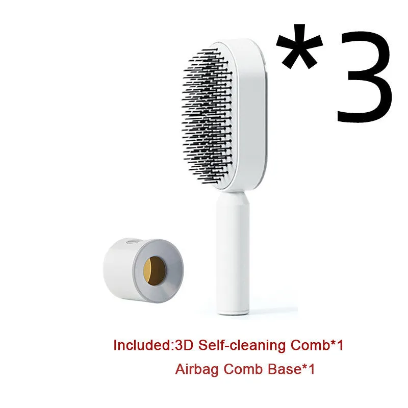 Self-cleaning hair brush with air cushion design in black gold, white, or black purple colours