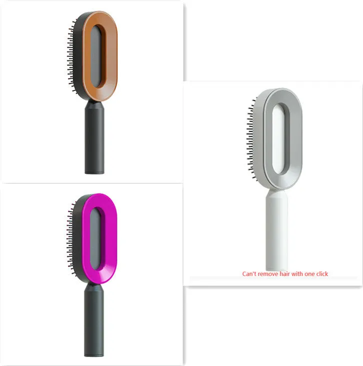 Self-cleaning hair brush with air cushion design in black gold, white, or black purple colours