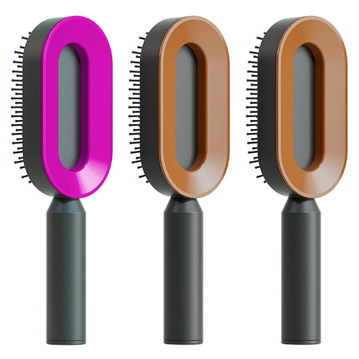 Self-cleaning hair brush with air cushion design in black gold, white, or black purple colours