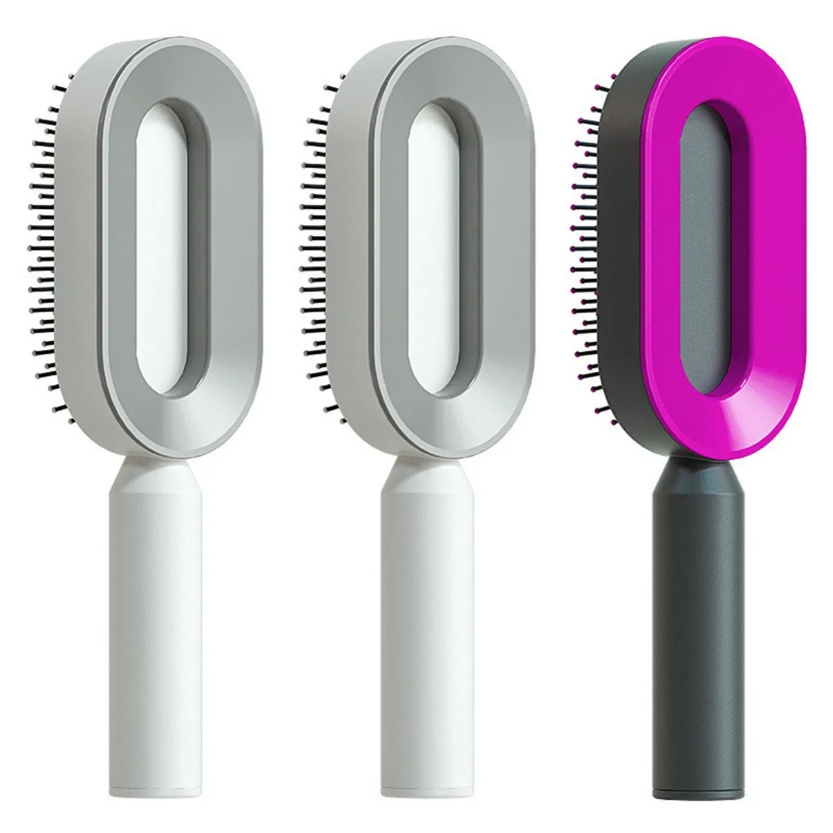 Self-cleaning hair brush with air cushion design in black gold, white, or black purple colours