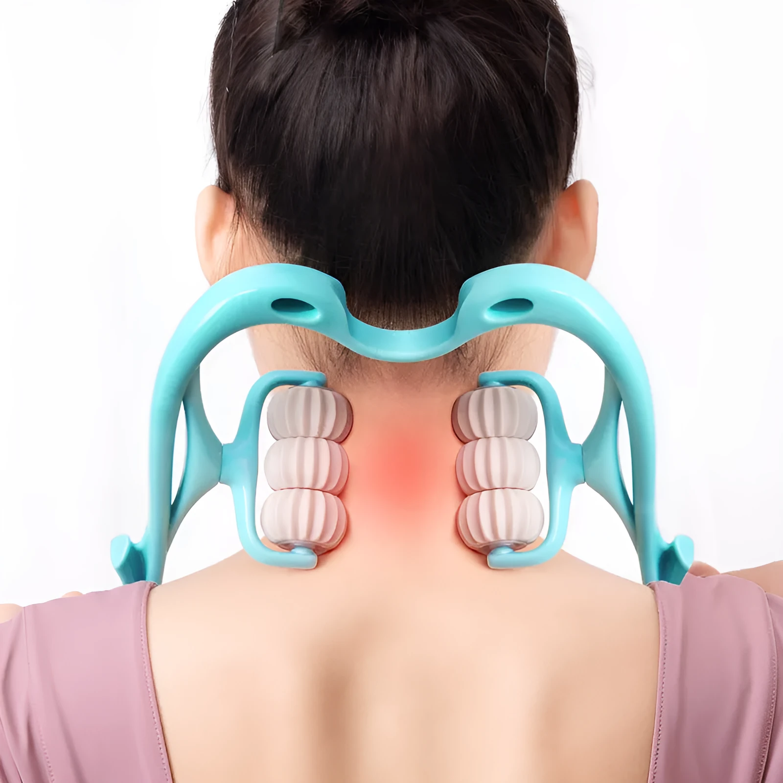 Blue manual swan-shaped neck massager with six rolling wheels and a natural crystal jade scraping board on a white background.