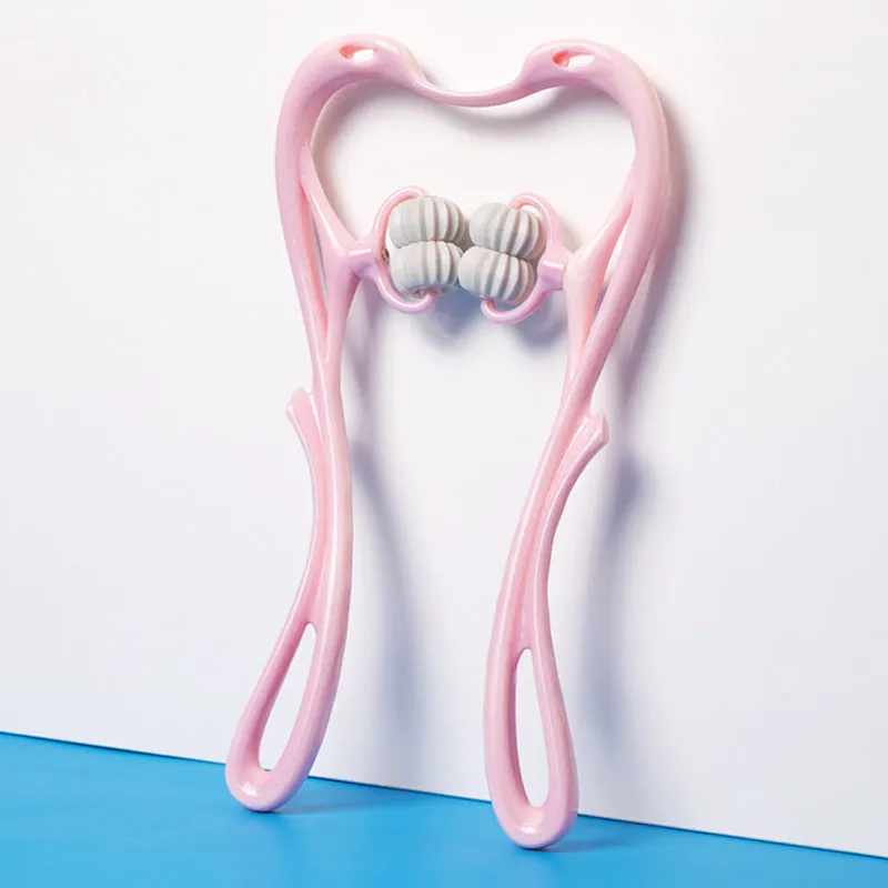Blue manual swan-shaped neck massager with six rolling wheels and a natural crystal jade scraping board on a white background.