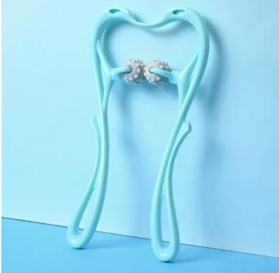 Blue manual swan-shaped neck massager with six rolling wheels and a natural crystal jade scraping board on a white background.
