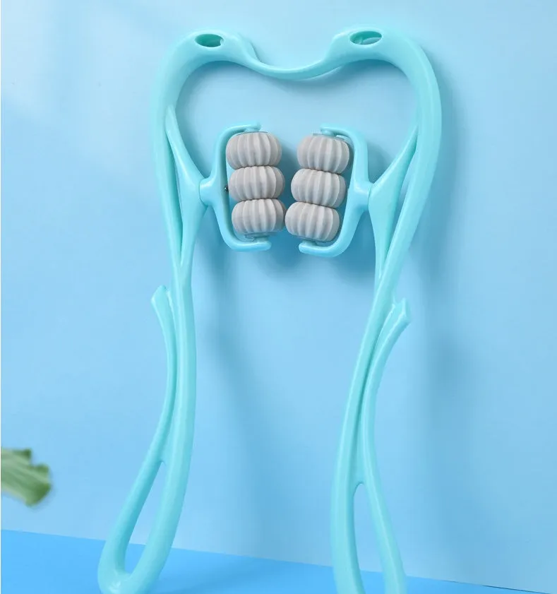 Blue manual swan-shaped neck massager with six rolling wheels and a natural crystal jade scraping board on a white background.