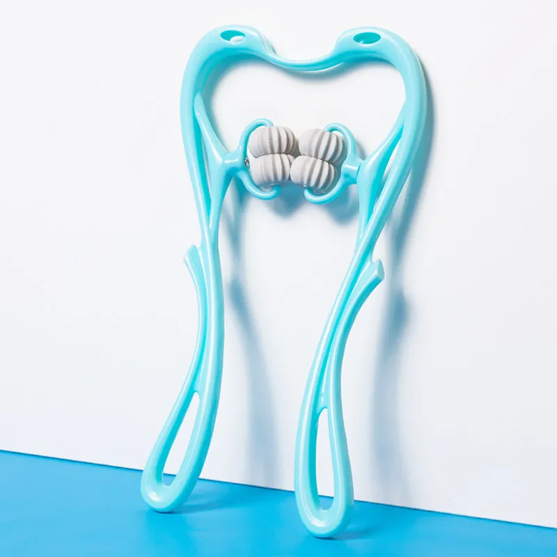 Blue manual swan-shaped neck massager with six rolling wheels and a natural crystal jade scraping board on a white background.