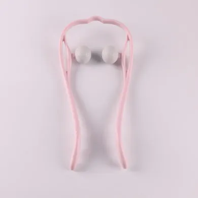 Blue manual swan-shaped neck massager with six rolling wheels and a natural crystal jade scraping board on a white background.