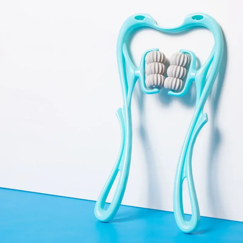 Blue manual swan-shaped neck massager with six rolling wheels and a natural crystal jade scraping board on a white background.