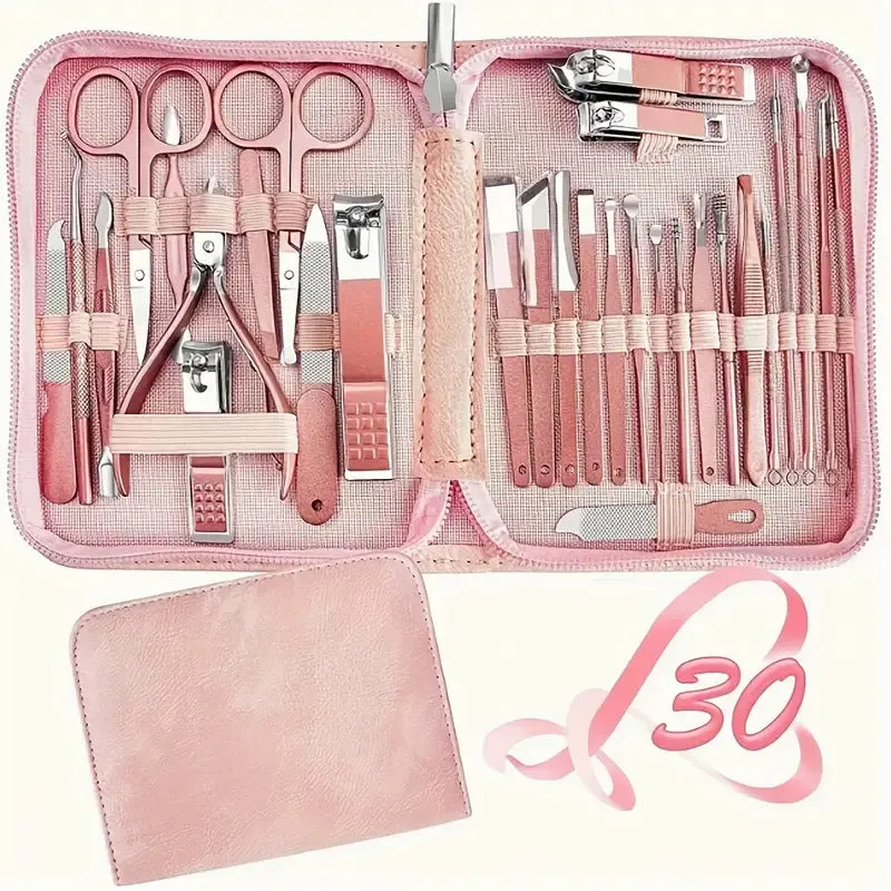 30-piece stainless steel nail beauty tool set in presentation case, colour options shown.