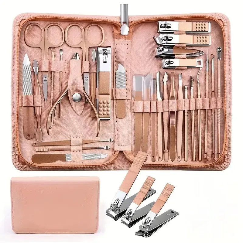 30-piece stainless steel nail beauty tool set in presentation case, colour options shown.