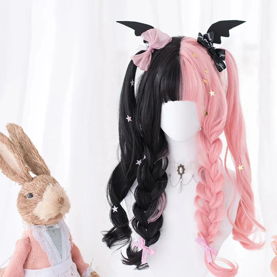 Long curly black and pink synthetic Lolita wig with bangs, styled for Harajuku cosplay.