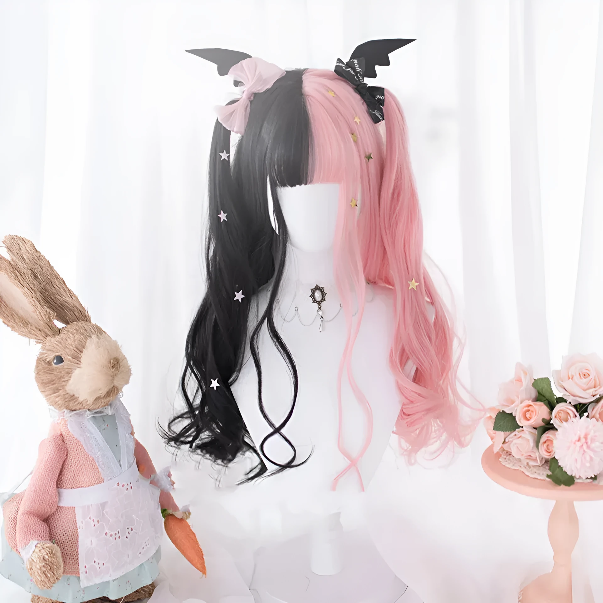 Long curly black and pink synthetic Lolita wig with bangs, styled for Harajuku cosplay.