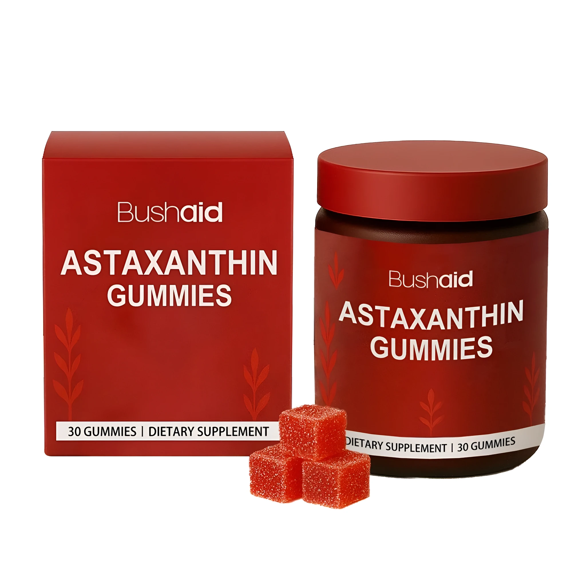 Pack of 30 chewable astaxanthin gummies, a dietary supplement with vitamin C and zinc.