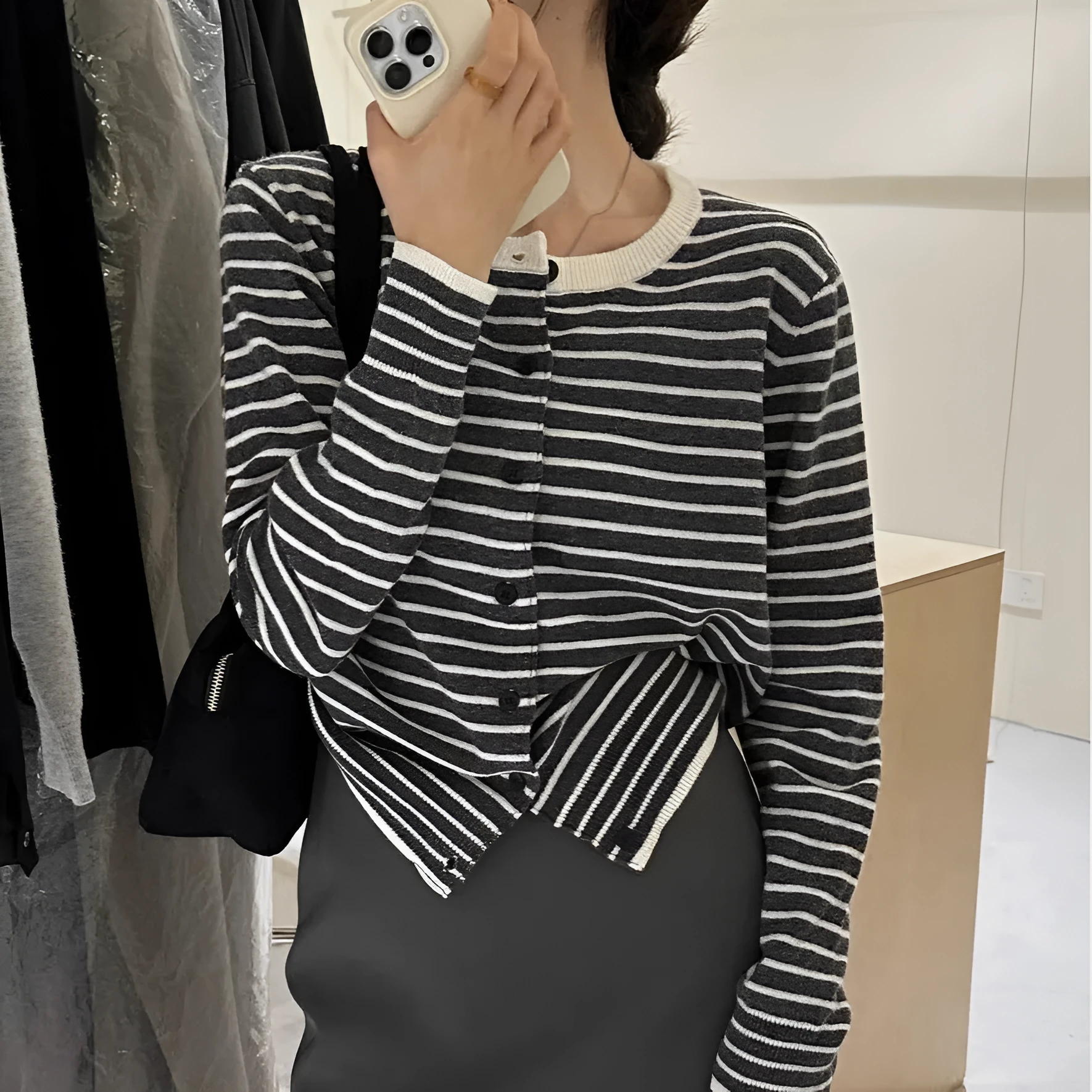 Dark gray and white striped women's cardigan coat with long sleeves and a slim fit.
