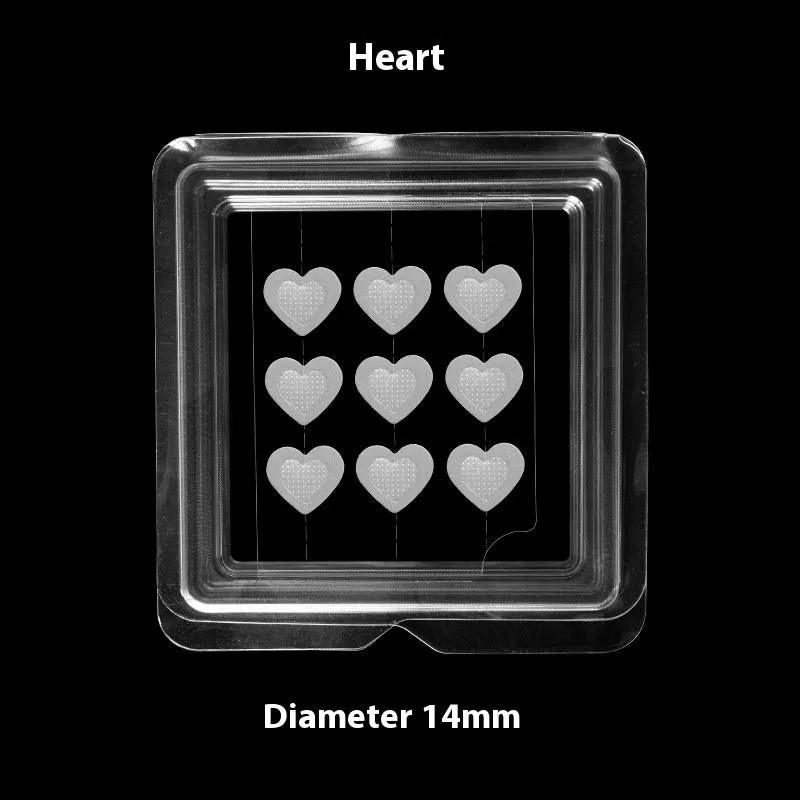 Nine transparent 14mm hyaluronic acid acne patches with microneedles in assorted pink designs