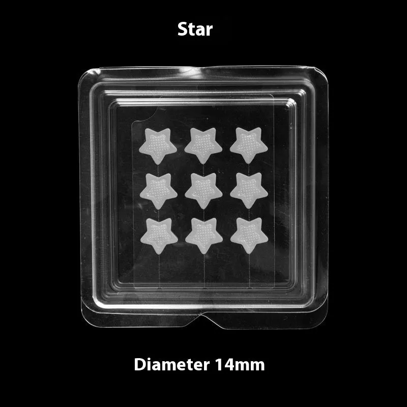 Nine transparent 14mm hyaluronic acid acne patches with microneedles in assorted pink designs