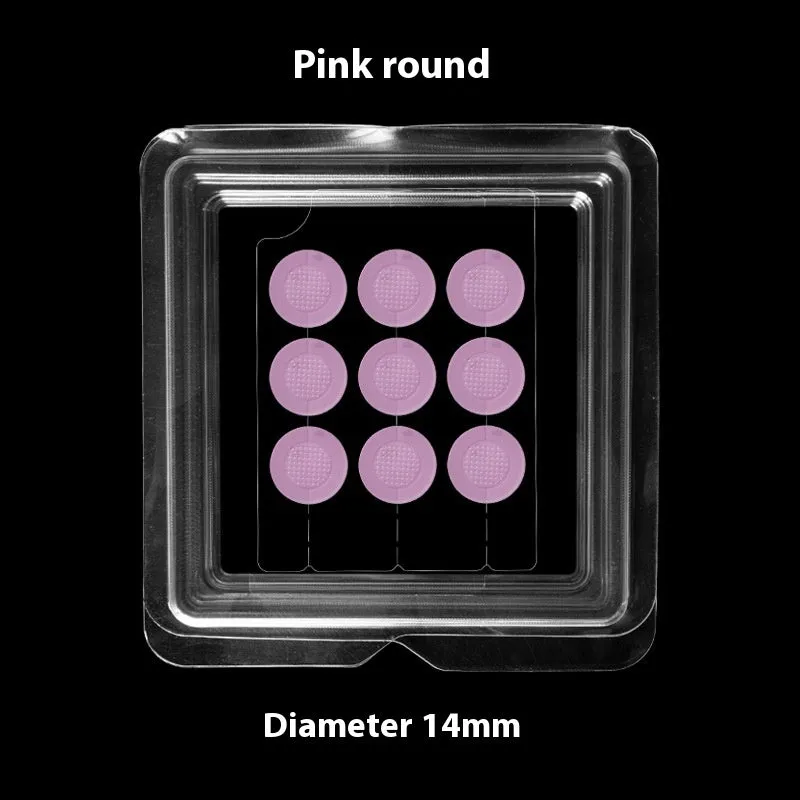 Nine transparent 14mm hyaluronic acid acne patches with microneedles in assorted pink designs