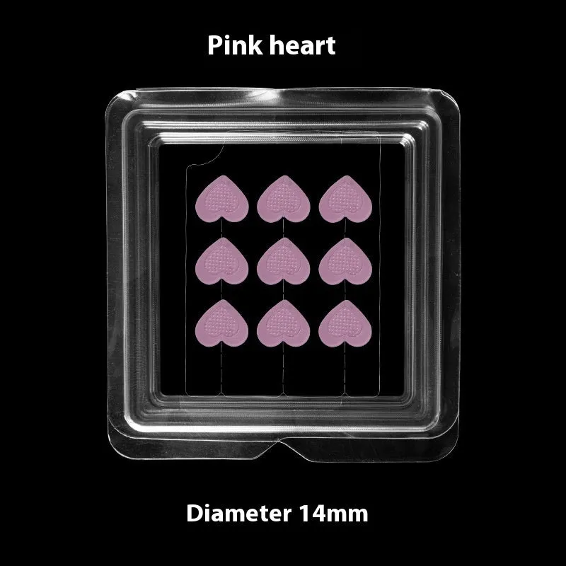 Nine transparent 14mm hyaluronic acid acne patches with microneedles in assorted pink designs