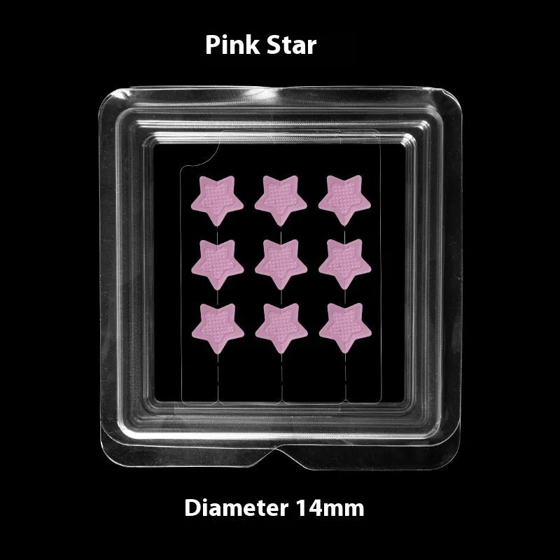 Nine transparent 14mm hyaluronic acid acne patches with microneedles in assorted pink designs
