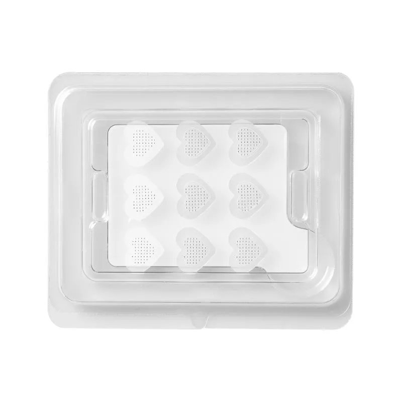 Nine transparent 14mm hyaluronic acid acne patches with microneedles in assorted pink designs