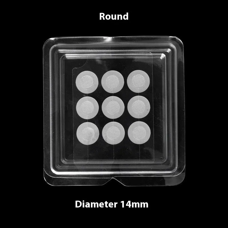 Nine transparent 14mm hyaluronic acid acne patches with microneedles in assorted pink designs