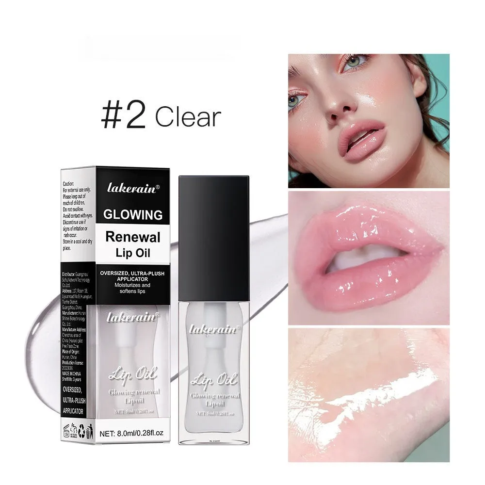 Lip gloss tube showing seven colour options including coral, honey, jam, pink, red, and rose variants