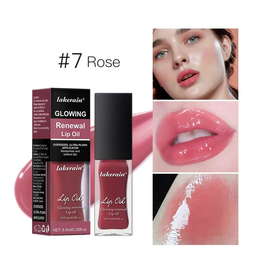 Lip gloss tube showing seven colour options including coral, honey, jam, pink, red, and rose variants