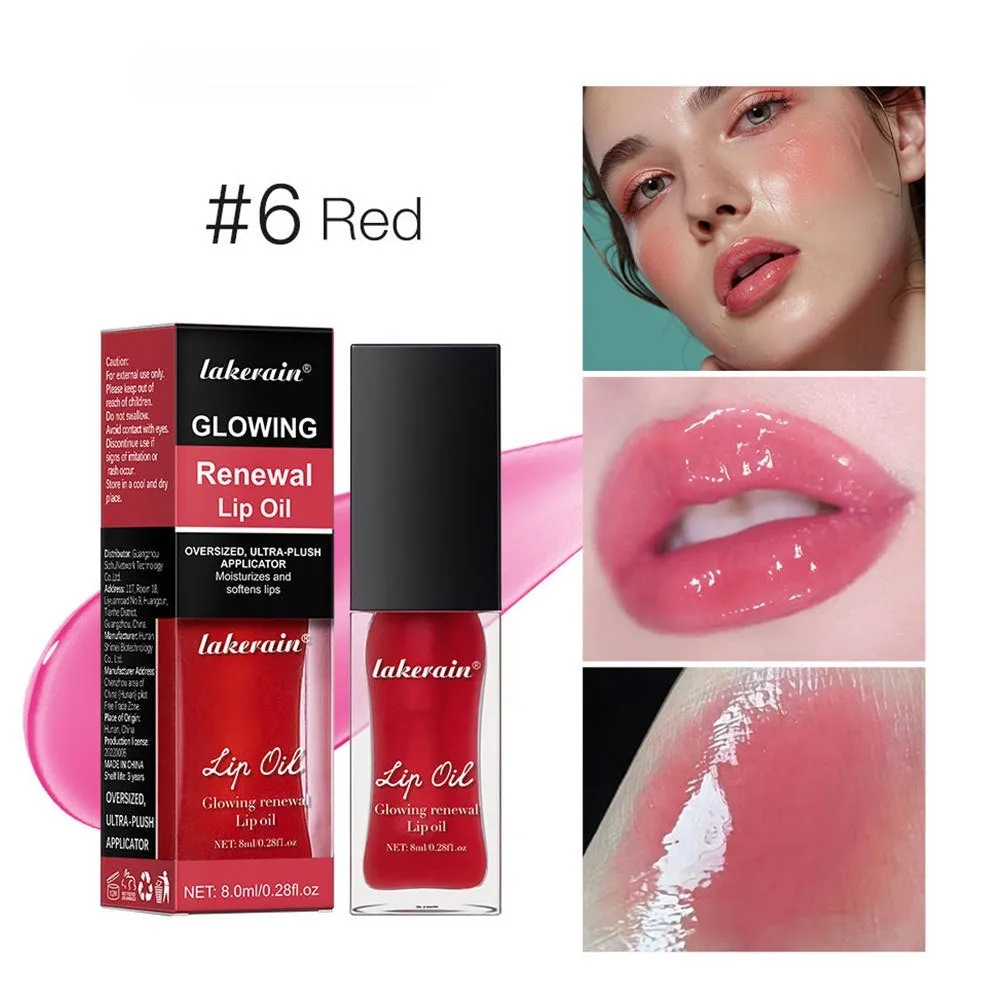 Lip gloss tube showing seven colour options including coral, honey, jam, pink, red, and rose variants