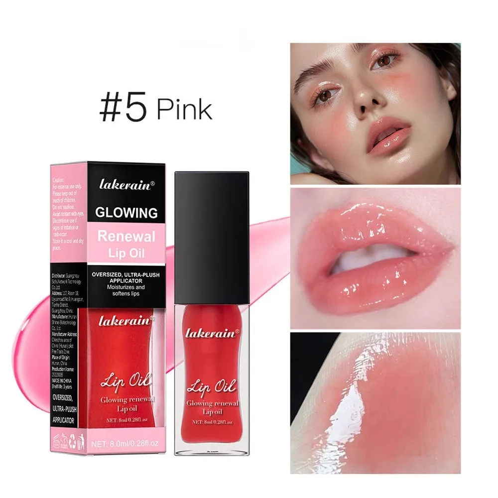 Lip gloss tube showing seven colour options including coral, honey, jam, pink, red, and rose variants