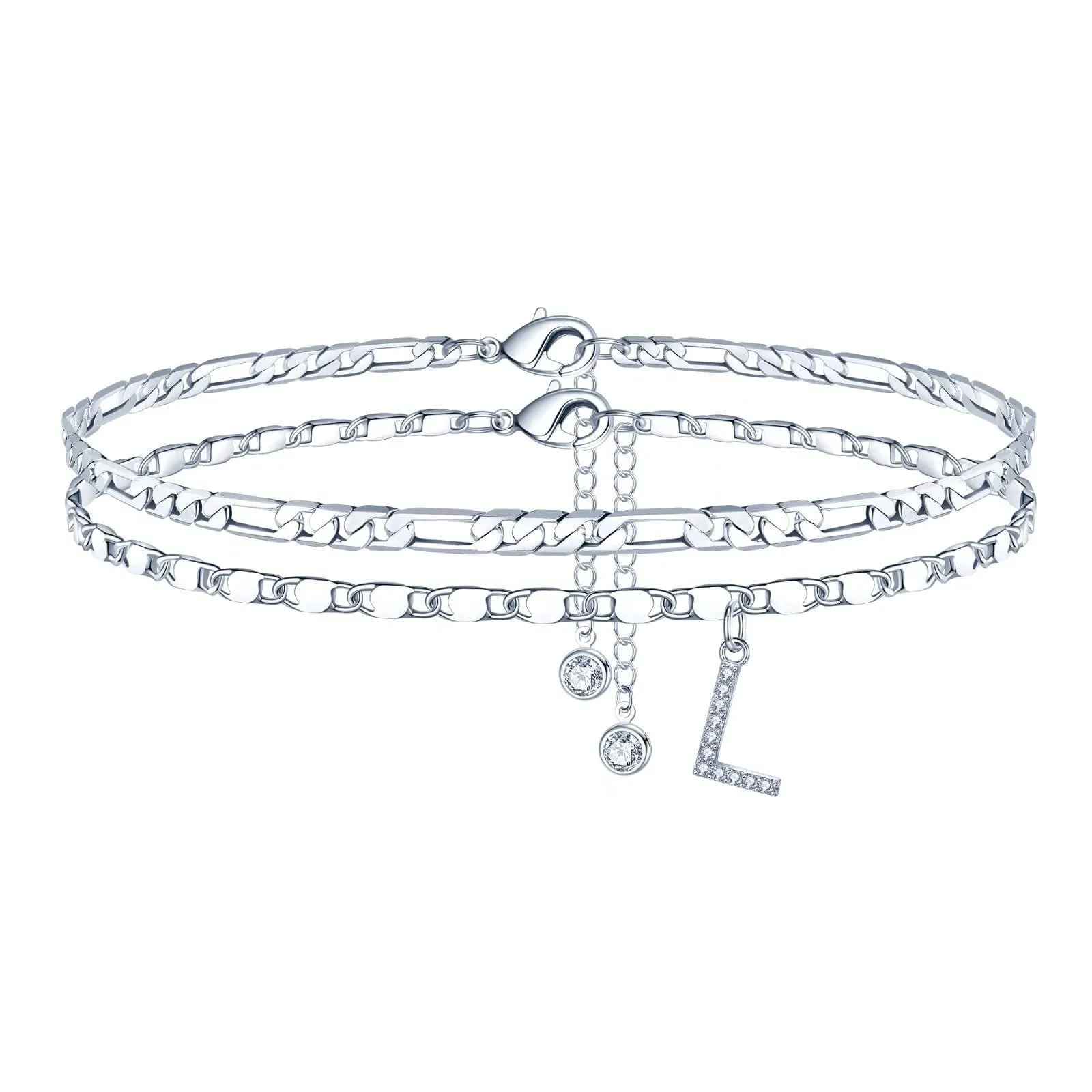Copper double-circle bead anklet with letter options on silver-colour chain