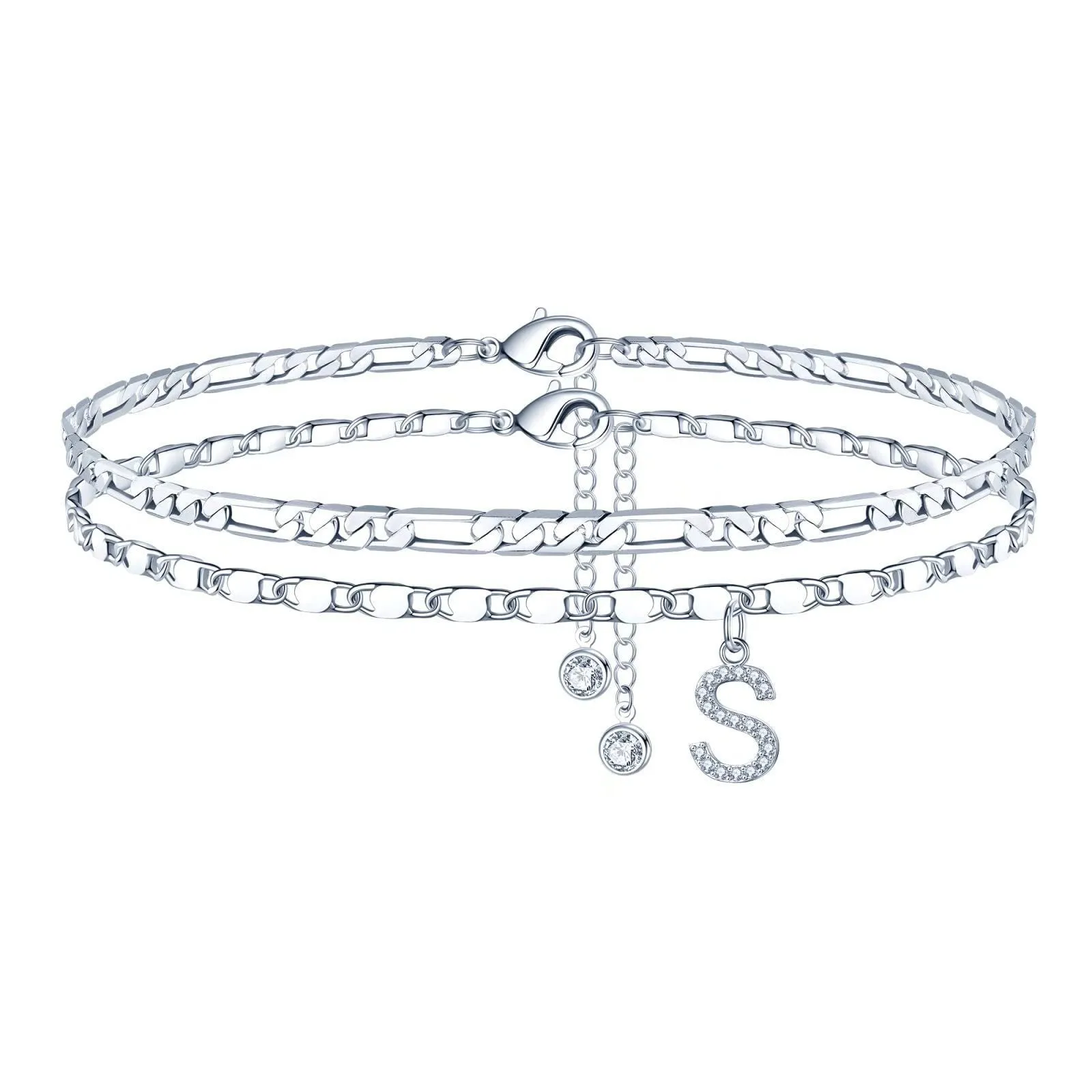 Copper double-circle bead anklet with letter options on silver-colour chain
