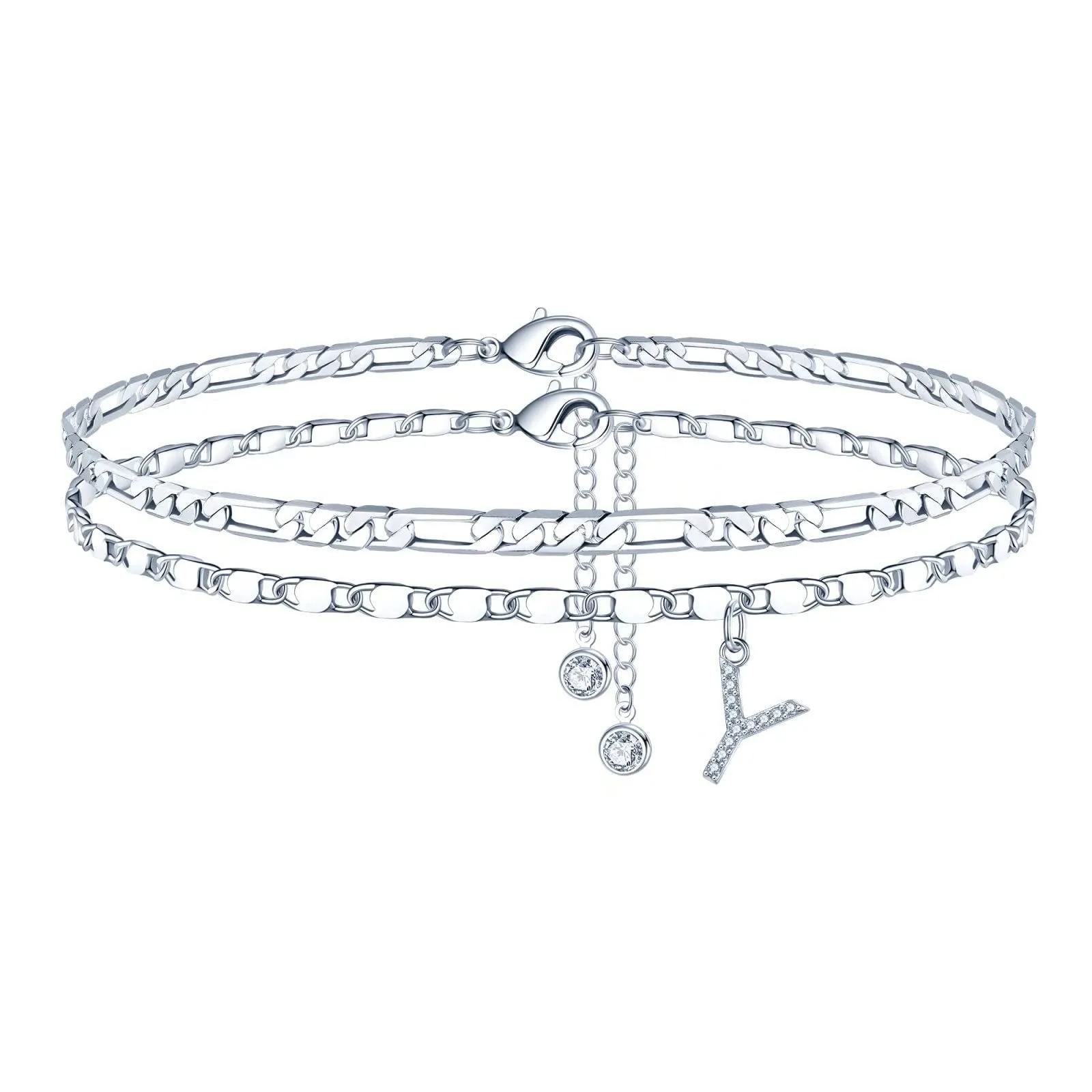 Copper double-circle bead anklet with letter options on silver-colour chain
