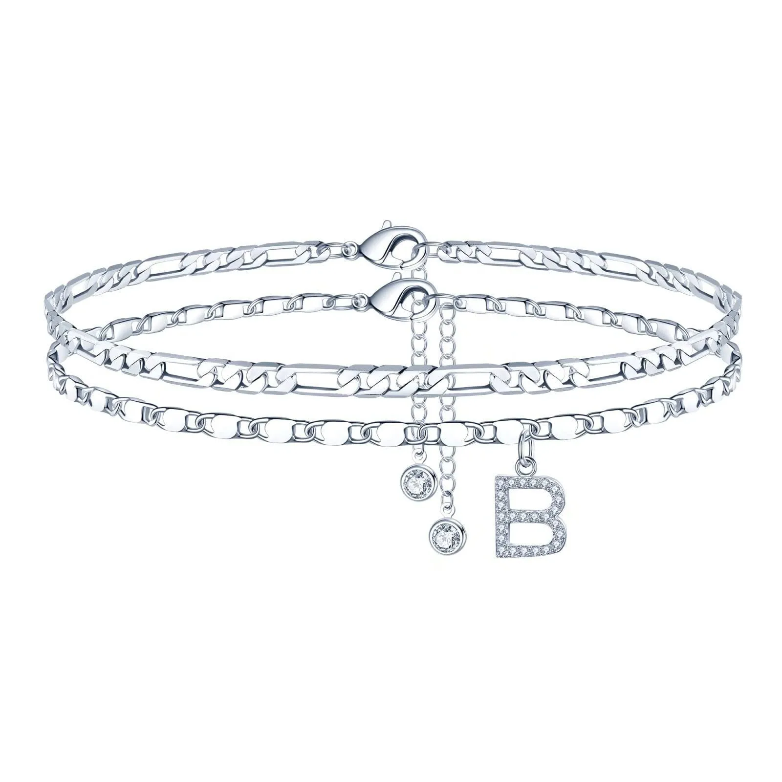 Copper double-circle bead anklet with letter options on silver-colour chain