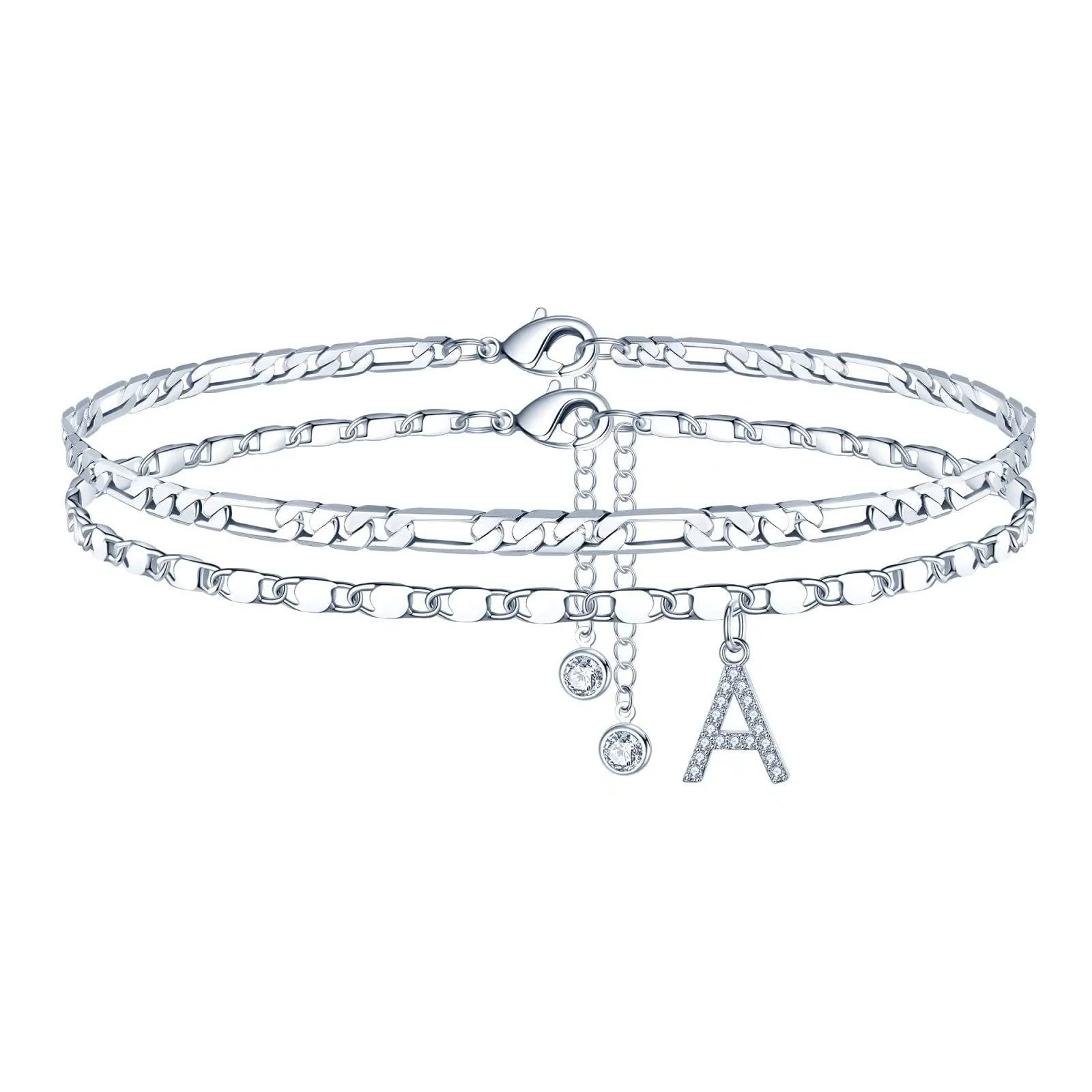 Copper double-circle bead anklet with letter options on silver-colour chain