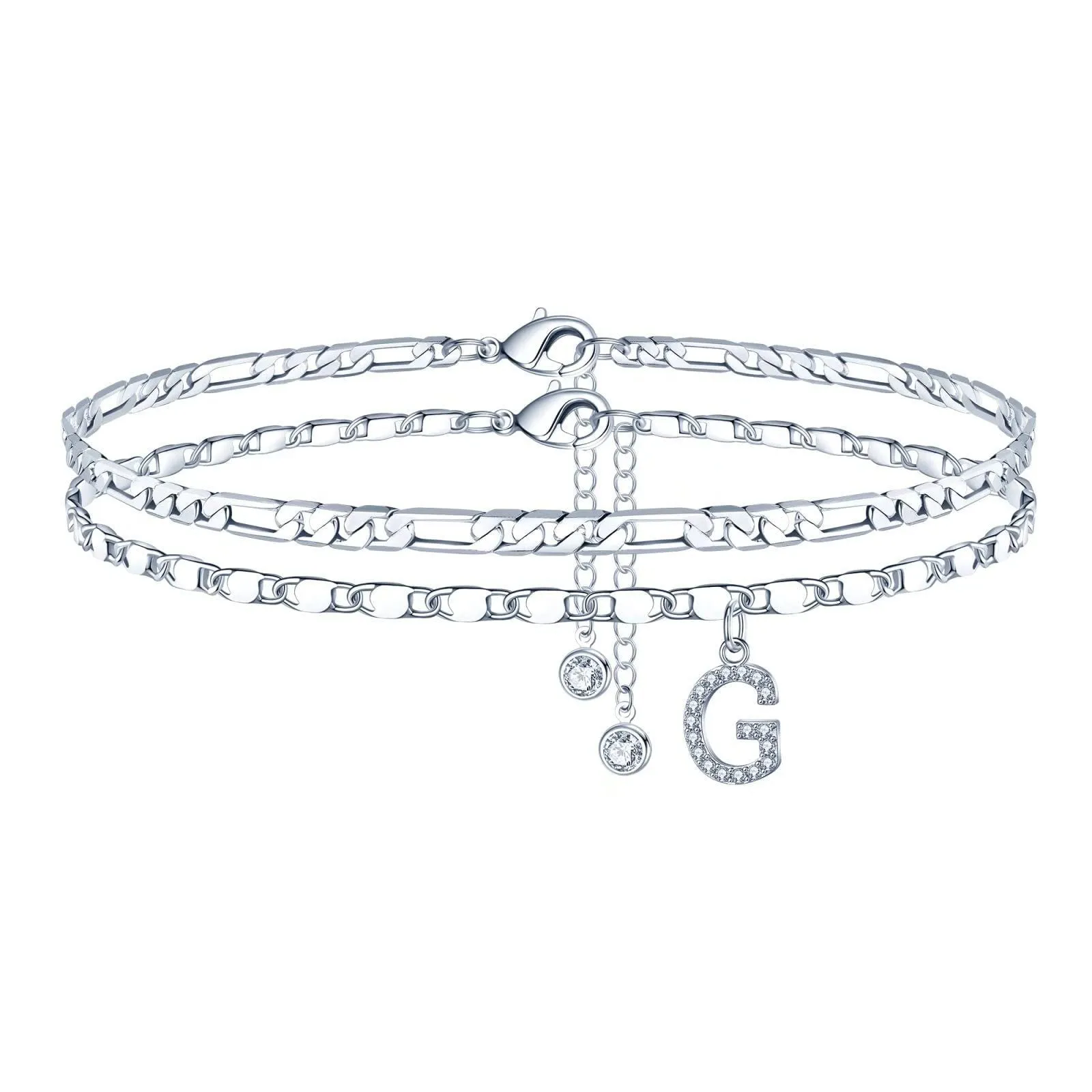 Copper double-circle bead anklet with letter options on silver-colour chain