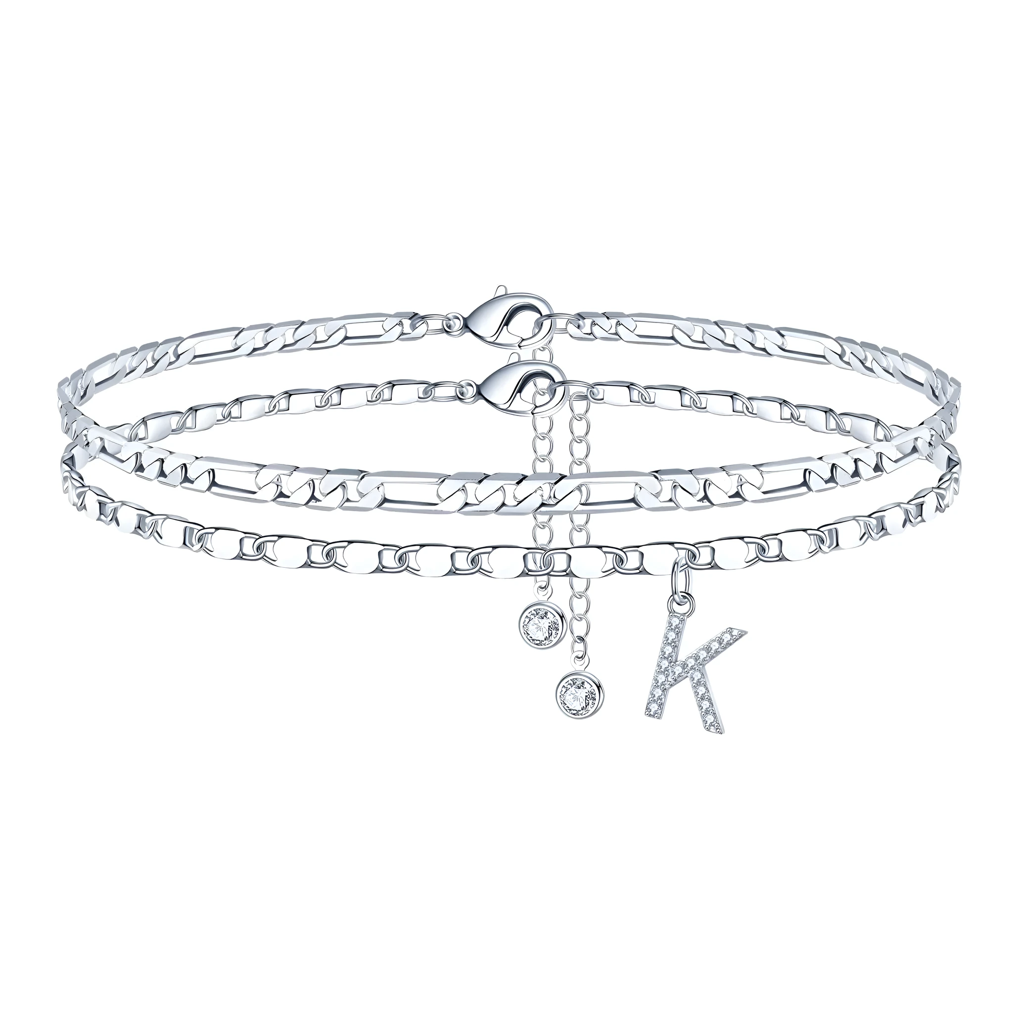 Copper double-circle bead anklet with letter options on silver-colour chain